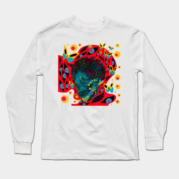 skeleton in floral crown ecopop art Long Sleeve T-Shirt by jorge_lebeau